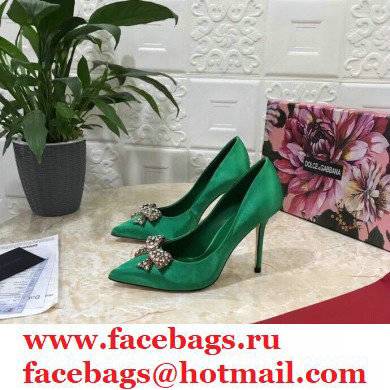 Dolce  &  Gabbana Heel 10.5cm Satin Pumps Green with Crystal Bow 2021